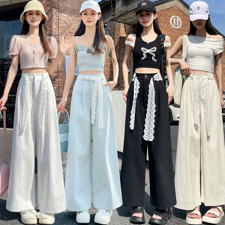 2025春夏新款洗水棉阔腿裤女蕾丝系带松紧高腰宽松九分休闲直筒裤