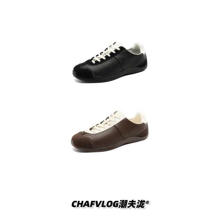 CHAFVLOGNormcore夏季情侣 皮革拼接复古薄底赛车鞋透气百搭T头鞋