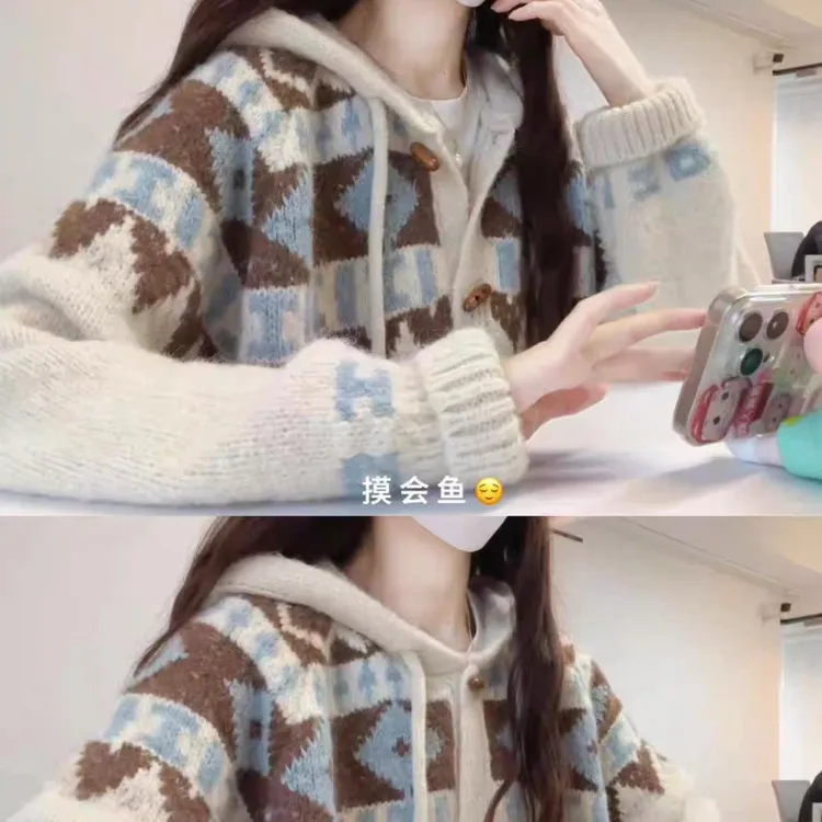 费尔岛连帽毛衣慵懒高级感牛角扣针织衫开衫女2025早秋季穿搭外套