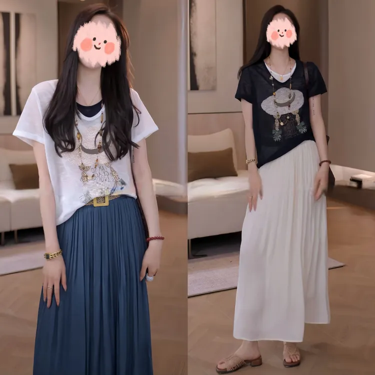 2025夏季新款显瘦气质减龄时尚休闲卡通印花短袖T恤+半身裙两件套