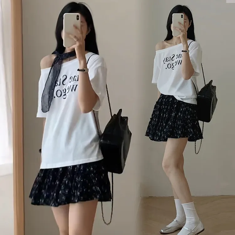 小个子孕妇装夏季孕期不显怀穿搭宽版斜肩短袖上衣碎花短裙两件套