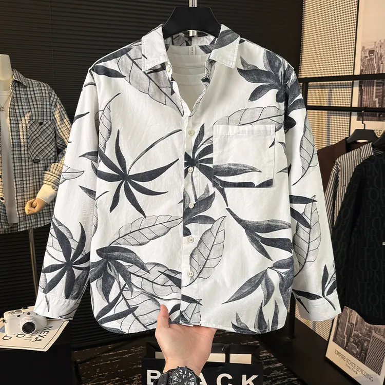 春秋季复古潮流印花长袖衬衫男士时尚百搭文艺休闲宽松上衣百搭潮