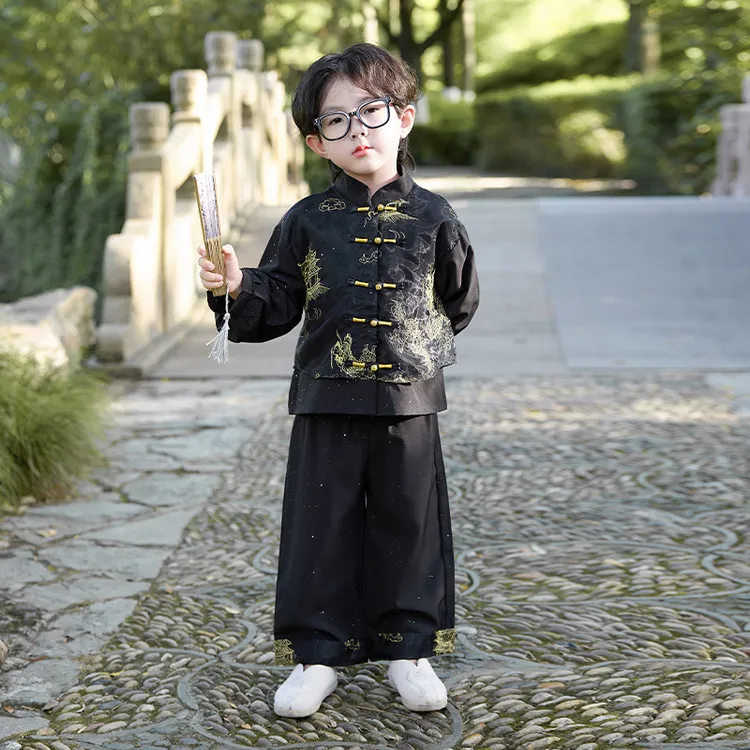 新款春秋儿童唐装男童黑色复古刺绣汉服中国风宝宝国风中秋礼服