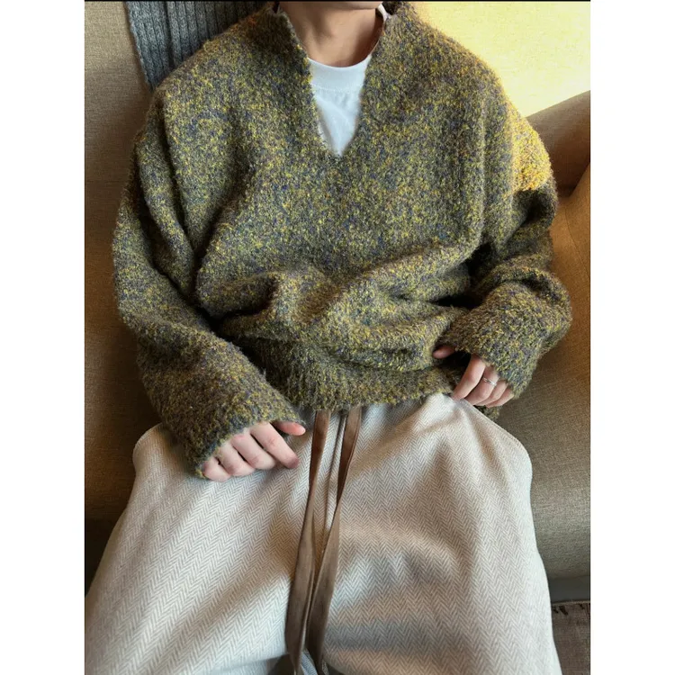 苔藓绿撞色V领慵懒风针织毛衣男春秋美式潮牌氛围感情侣线衣外套