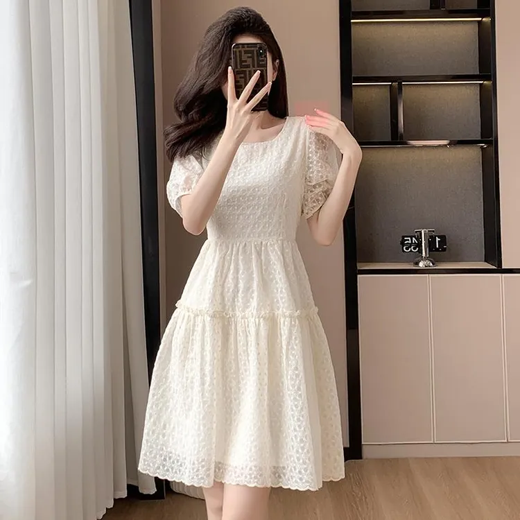 小香风法式蕾丝连衣裙女夏小个子高级感气质遮肚显瘦时尚A字裙子