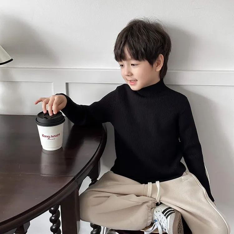 宝宝毛衣秋冬款2025新款黑色薄款毛线衣儿童内搭打底针织衫半高领