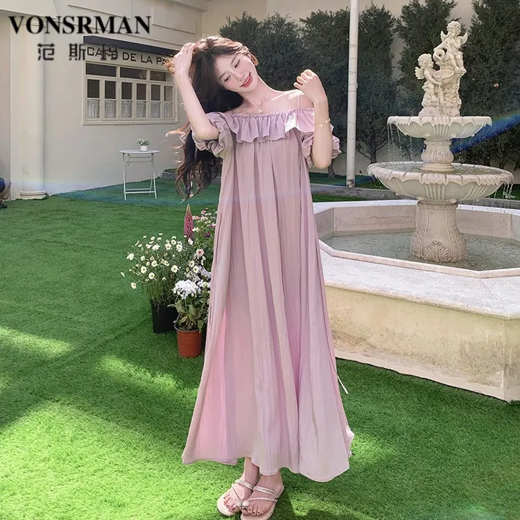 粉色一字肩吊带连衣裙女夏2025新款法式甜美减龄宽松海边度假长裙
