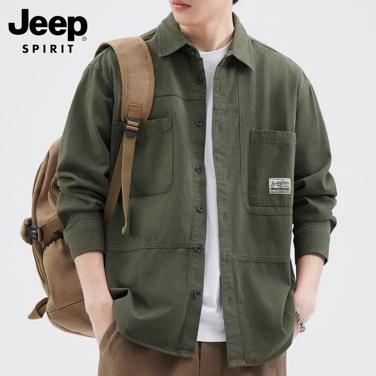 JEEPSPIRIT美式工装长袖衬衫外套男秋季新款休闲宽松纯棉夹克衣