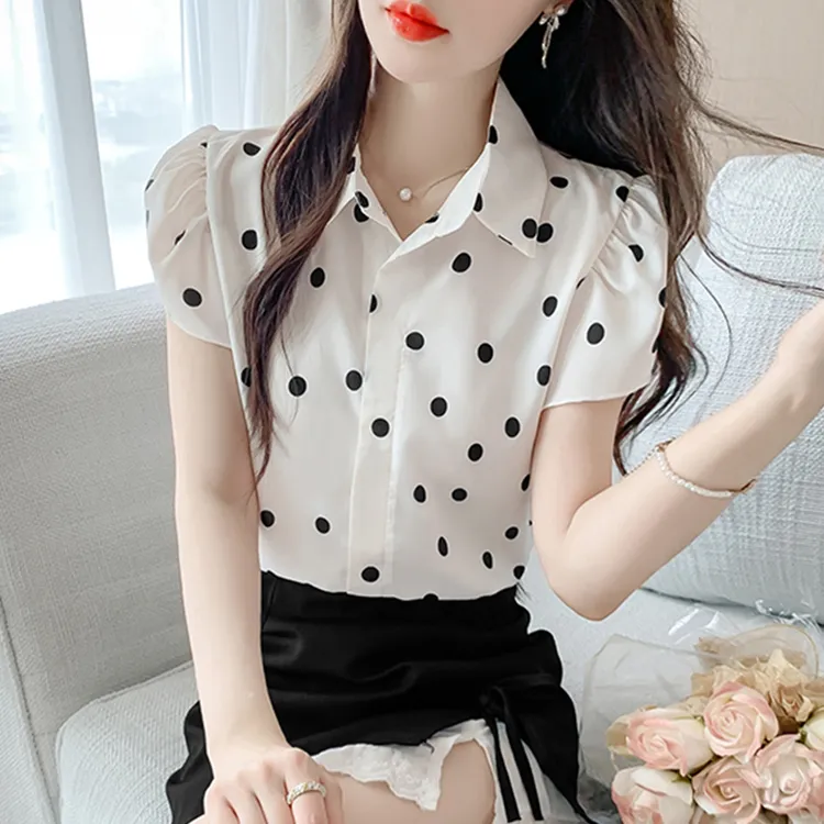 波点印花翻领短袖衬衫女夏季2025年新款减龄洋气小衫独特别致上衣