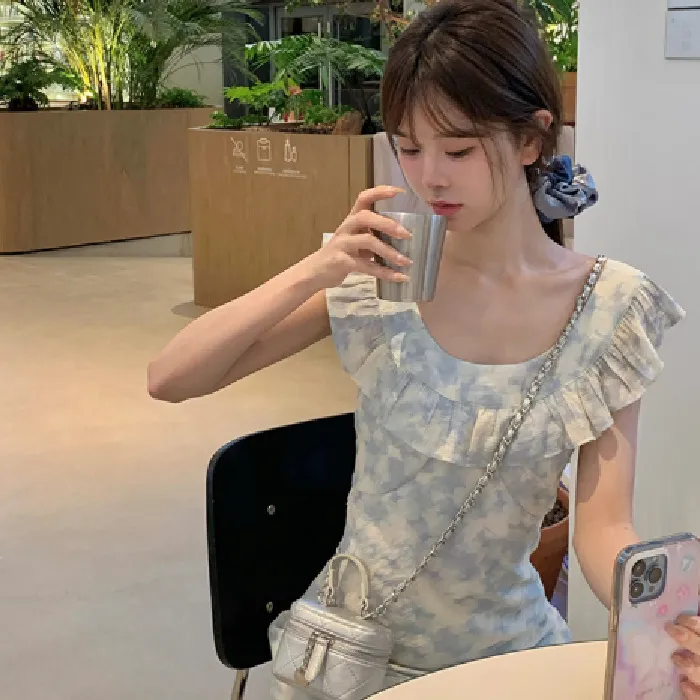 [新款]莫奈花园夏季晕染浪漫连衣群裙气质法式长裙收腰碎花吊带裙