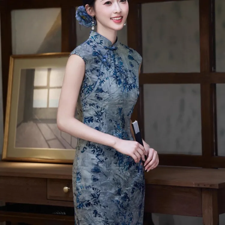夏天日常出门长旗袍无袖斜襟做旧旗袍复古清冷新中式民国风修身