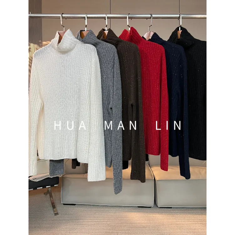 【花满林】六色高领竖纹烫钻山羊绒上衣22590 【180克左右】