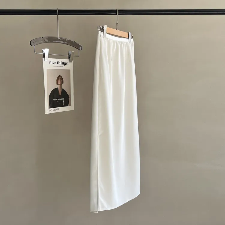 法式白色半裙女春秋高级感拼蕾丝通勤知性松紧腰中长款开叉半身裙