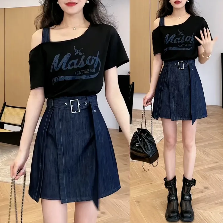 假两件单肩斜肩印花拼接收腰连衣裙女2025夏季新款高腰气质A字裙