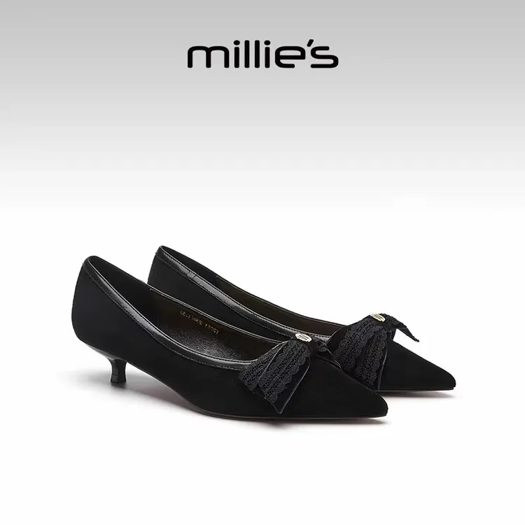 MILLIE'S/妙丽2025新款夏季真皮蝴蝶结尖头细跟高跟鞋豹纹单鞋