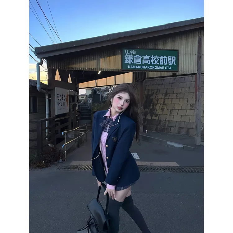 藤校艺术生 早秋纯欲学院风西装外套长袖衬衫格子百褶半身裙套装