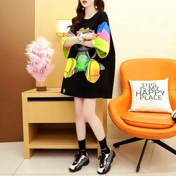 拼接插色卡通印花纯棉短袖T恤女夏季中长款韩版宽松大版洋气上衣