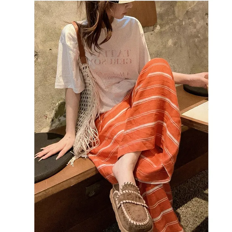 2025巨好看的套装清纯系夏日穿搭橘色条纹休闲裤子t恤两件套女装