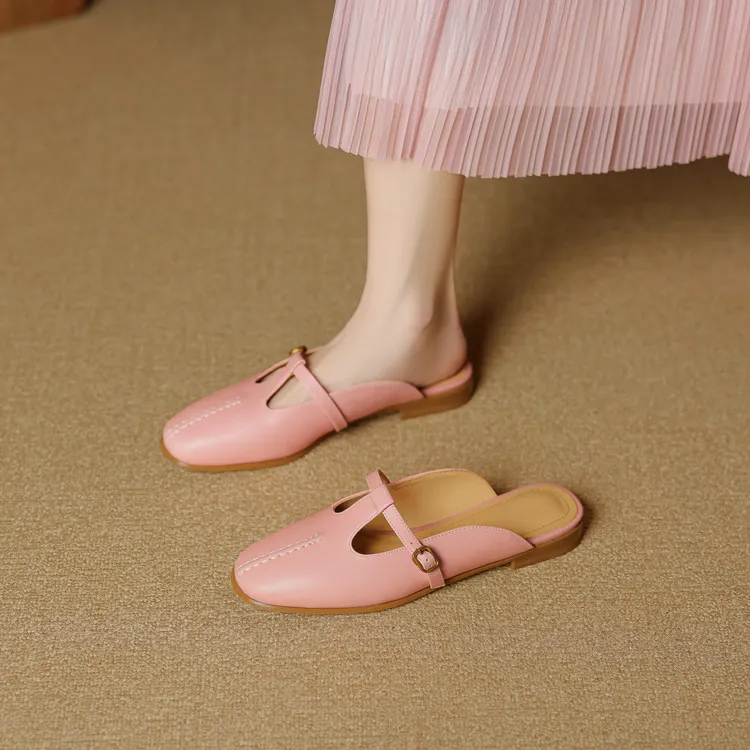 头层羊皮~2cm高级感粉色圆头包头凉拖鞋女外穿时尚半拖穆勒鞋低跟