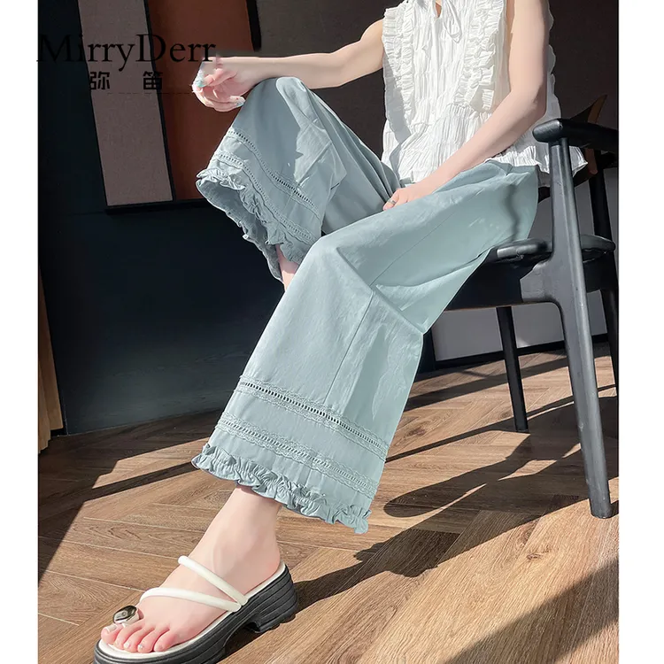 MirryDerr/弥笛蕾丝木耳边阔腿裤女2025夏季新款高腰小个子九分裤