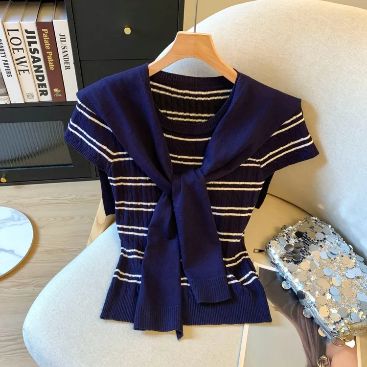 法式圆领条纹撞色针织短袖T恤女夏季独特别致修身海军领披肩上衣