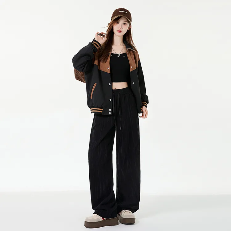 2025夏装清凉美式高街扎染休闲裤女高级感厚款抽绳宽松直筒黑色运