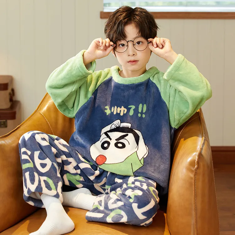 儿童男童睡衣秋冬珊瑚绒薄款中大童男孩法兰绒保暖家居服套装新款