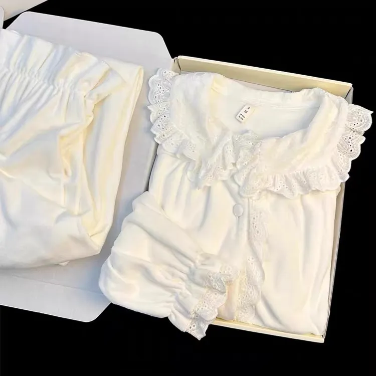 法式轻奢秋冬新款法式蕾丝长袖长裤海岛绒睡衣女甜美可爱可外穿