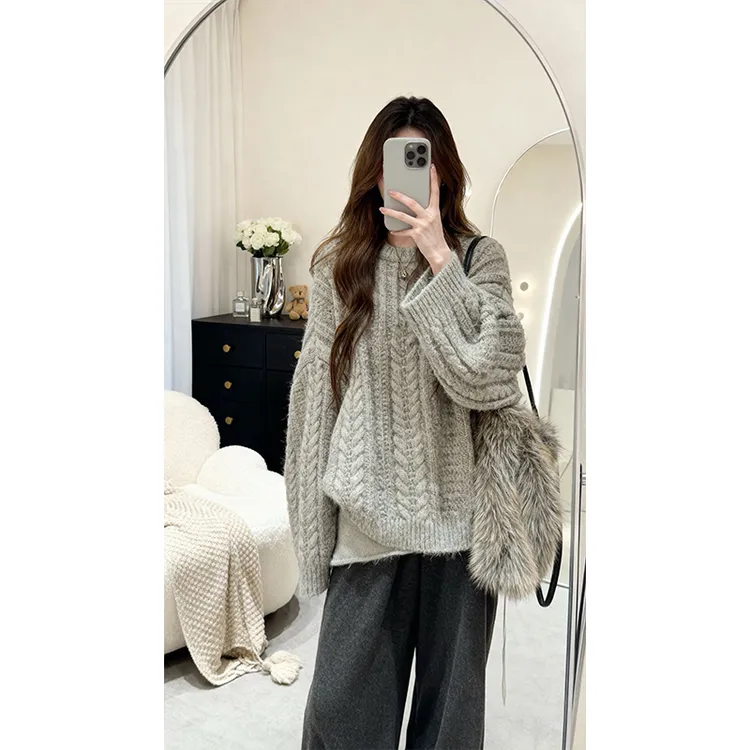 秋冬穿搭一整套女2025新款圆领宽松麻花针织衫百搭休闲裤两件套