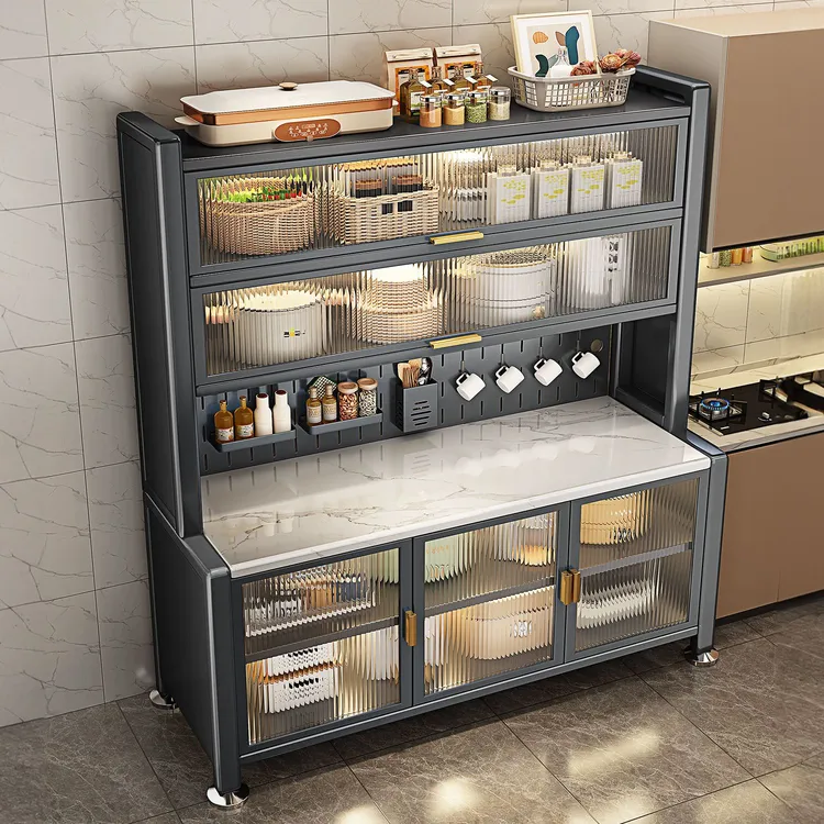 置物架餐边厨房碗柜落地多层多功能微波炉收纳橱岩板台面餐边柜