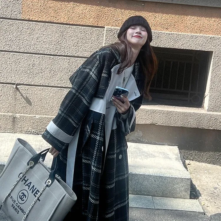 黑色格子大衣女秋天2025新款韩系覆古高级感宽松休闲长款毛呢外套