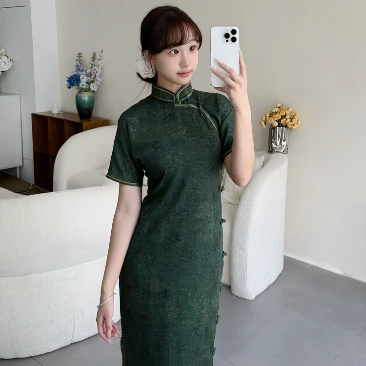 半枫荷【绿芜】春秋款全开襟无省曳地少女日常修身气质民国古法旗袍