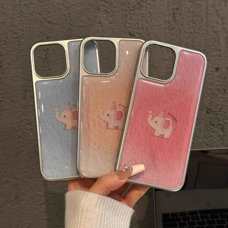 适用苹果16pro电镀大孔相框手机壳华为卡通ins风可爱粉底油画小象