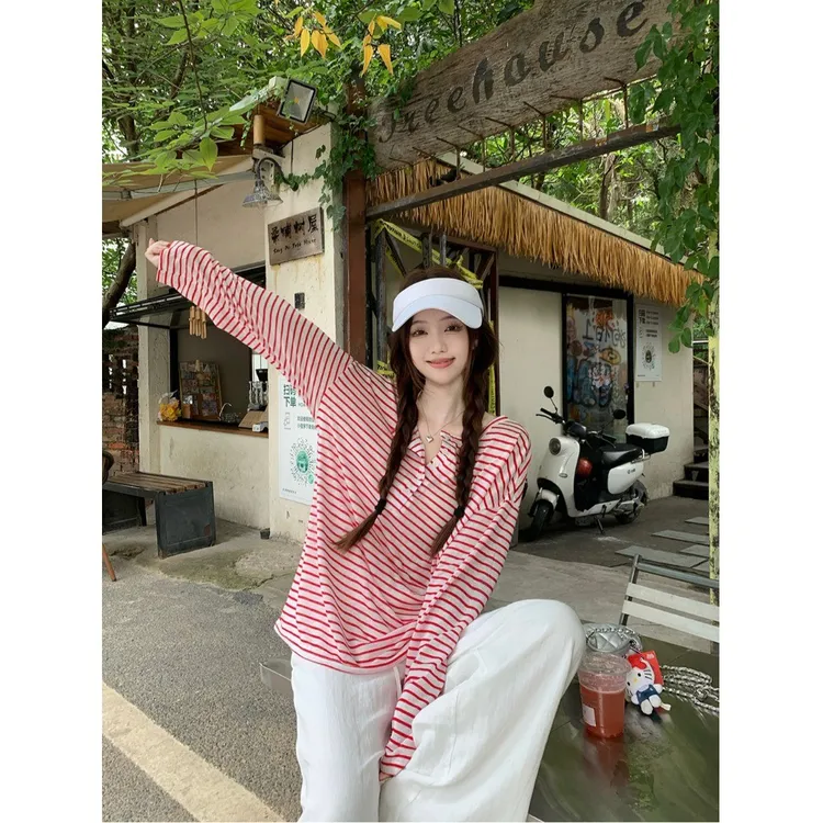 慵懒风半开领纽扣条纹女装夏季小众百搭宽松显瘦上衣