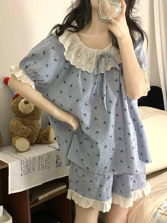 睡衣女款夏季天短袖甜美花边碎花2025新款可外穿高级感家居服套装