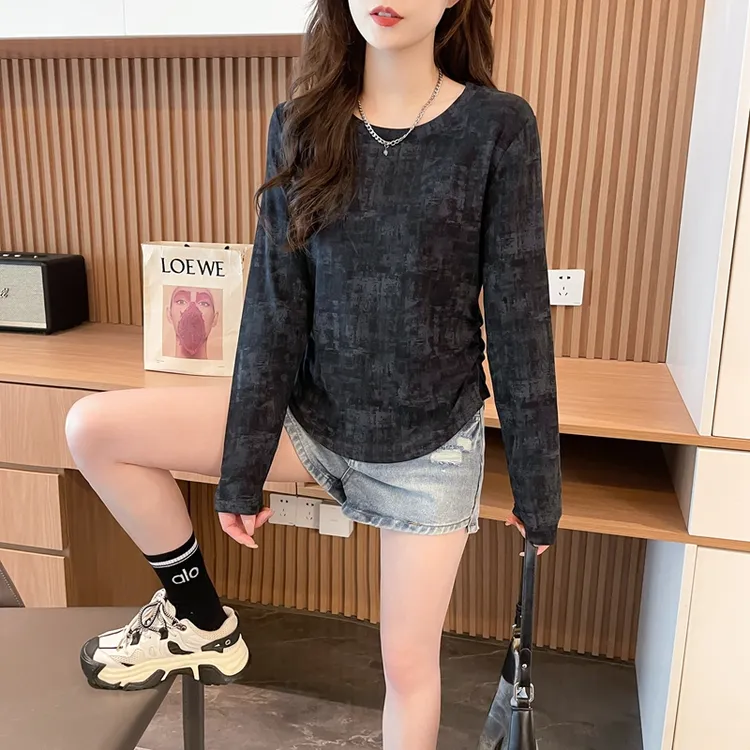 2025秋季新款韩版高级感时尚扎染不规则修身显瘦遮肉长袖T恤ins潮