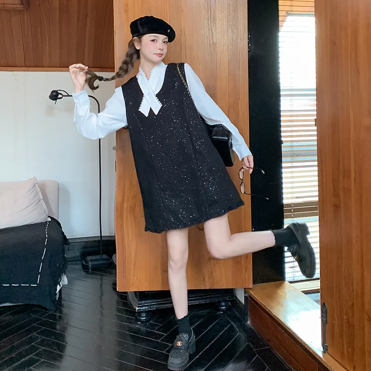 小香风毛呢背带裙套装女2025春新款小个子高级感花边领衬衫两件套