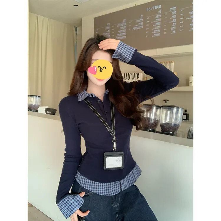 拼接藏蓝色polo领假两件打底衫女2025早秋新款内搭设计感修身上衣