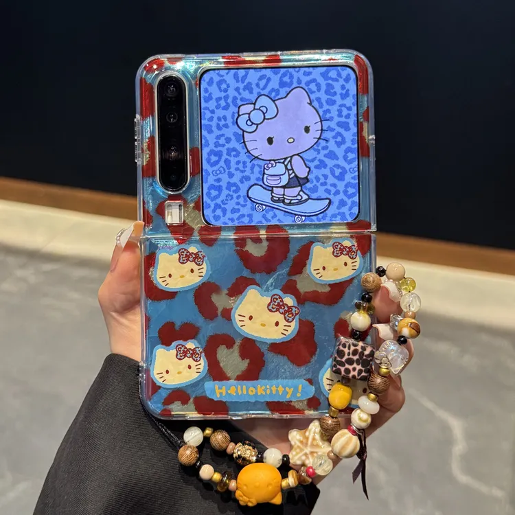 适用华为purax典藏版折叠屏手机壳pocket2锡纸纹蓝色豹纹kt猫链条