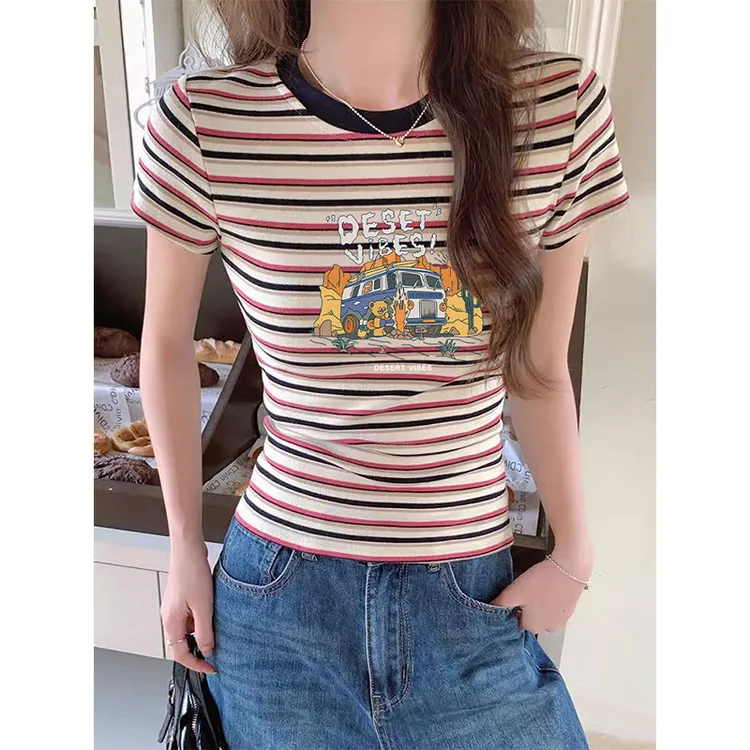 2025新款拼色条纹印花正肩圆领短袖t恤女装时尚百搭洋气上衣夏季