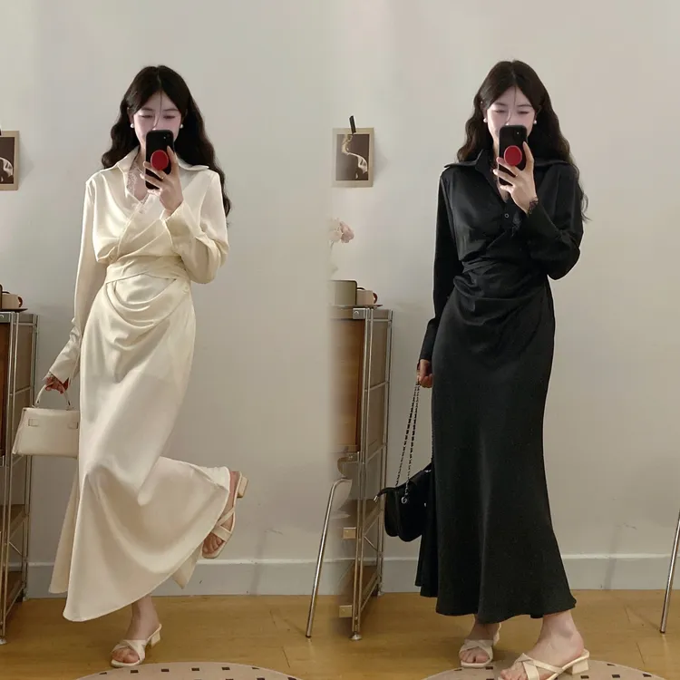 大码女装清风海岸法式气质长袖连衣裙女春夏蕾丝拼接显瘦气质长裙