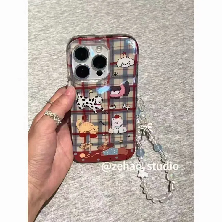卡通格纹猫咪小狗适用苹果17Promax手机壳vivo华为oppo小米15防摔