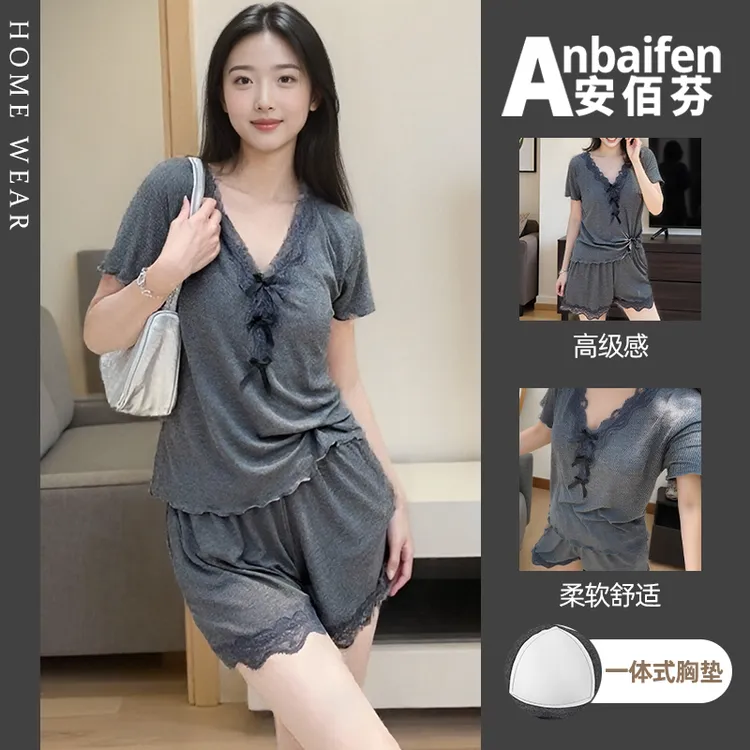 防凸点睡衣女凉感型夏季蕾丝性感家居服带胸垫短袖短裤莫代尔冰丝