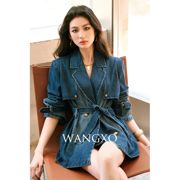 WANGXO 酵母水洗斜纹牛仔绑带风衣外套2501037W