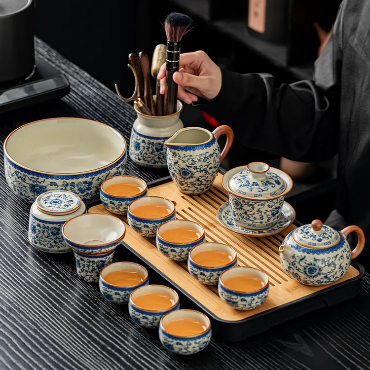 汝窑青花茶具套装陶瓷功夫茶壶茶具轻奢高档茶杯茶碗盖碗新款套装