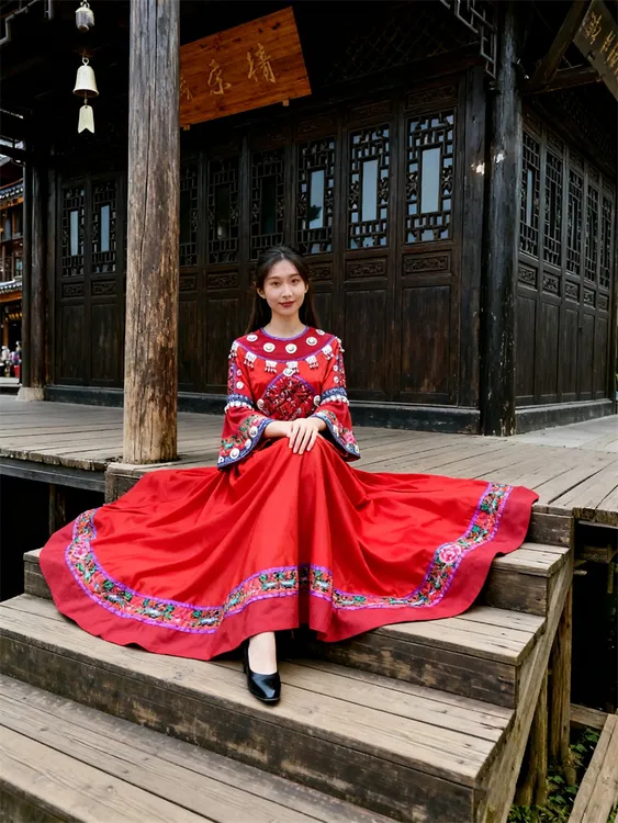 高腰刺绣A字裙圆领长袖连衣裙女长款中国风汉服红色喇叭袖两件套