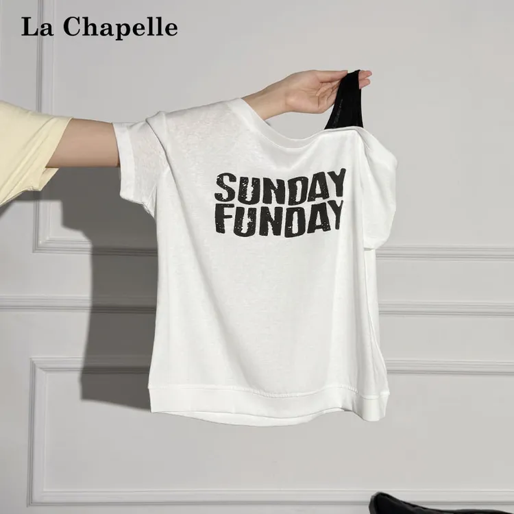 拉夏贝尔一字斜角露肩短袖t恤女夏小众辣妹设计感假两件独特上衣