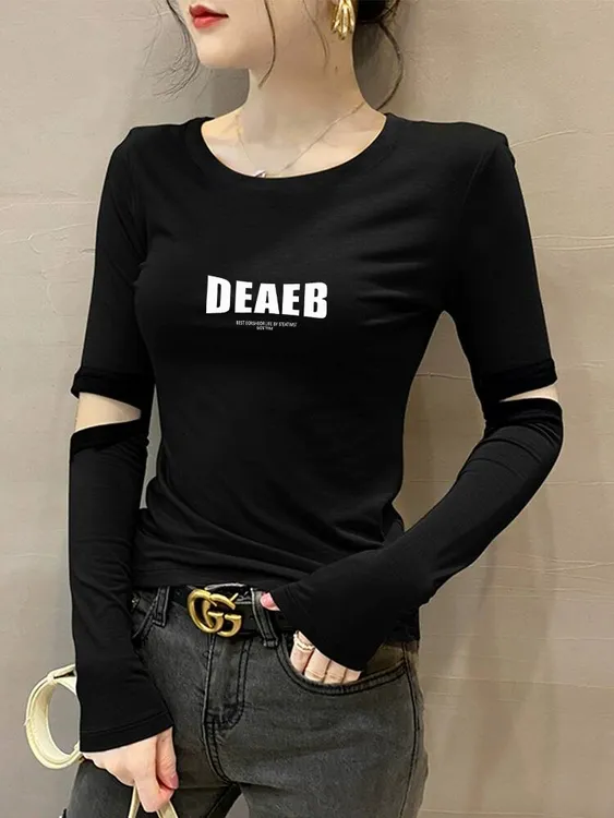 显瘦时尚百搭小圆领长袖打底衫女内搭秋冬新款镂空设计感紧身上衣