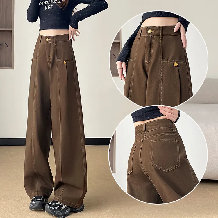 蜜蜜穿搭加绒加厚摩卡棕色弯刀牛仔裤女2025冬季宽松不贴腿阔腿裤