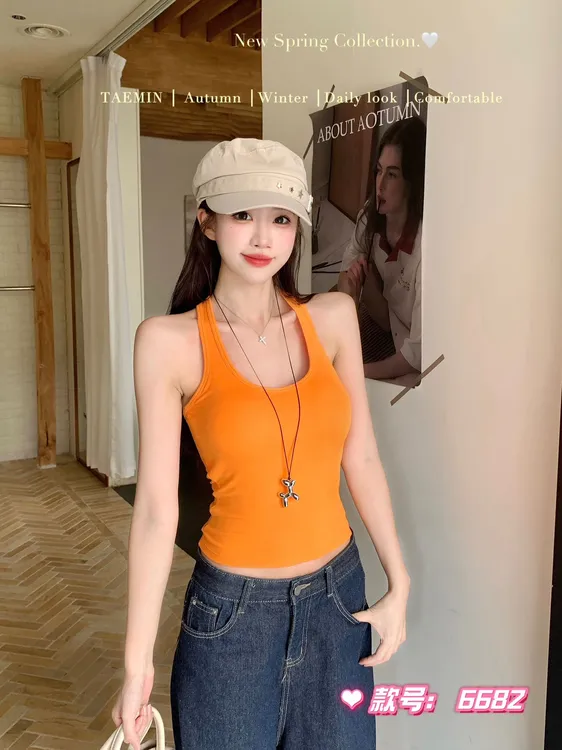 美式辣妹工字美背上衣修身显瘦休闲风ebb背心固定乳胶杯挂脖吊带